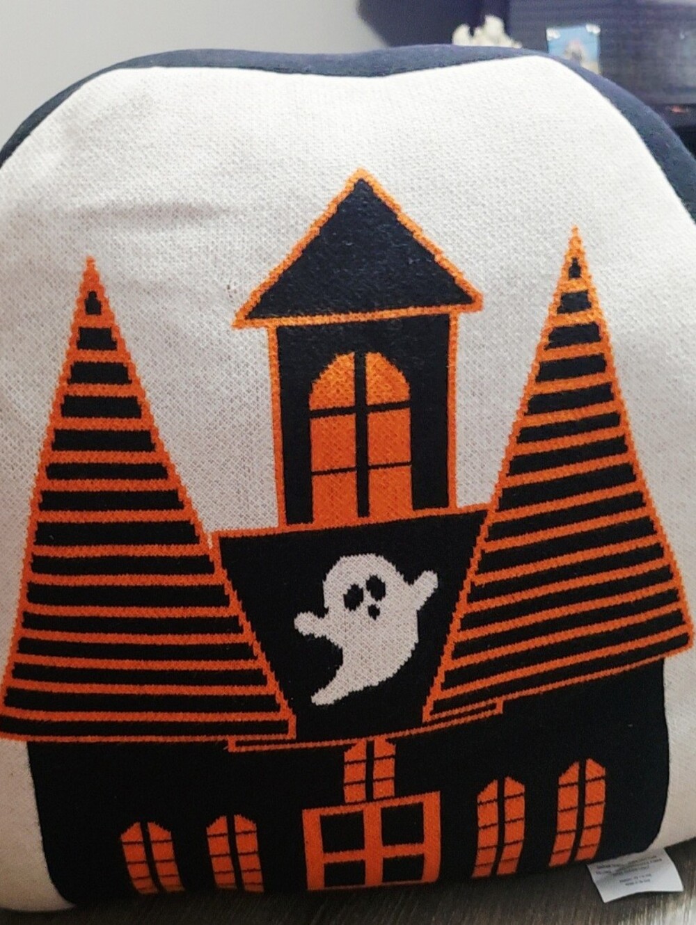 Skull & Bones Halloween Haunted House & Ghost Knit Throw Pillow Cream/Black